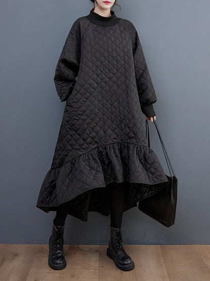 Long Sleeves A-line Rhombic Falbala High-neck Midi Dresses