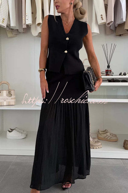 Stylish and Knit Spliced Tulle Elastic Waist Pleated Maxi Skirt