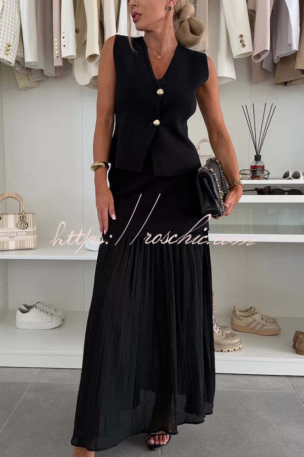 Stylish and Knit Spliced Tulle Elastic Waist Pleated Maxi Skirt