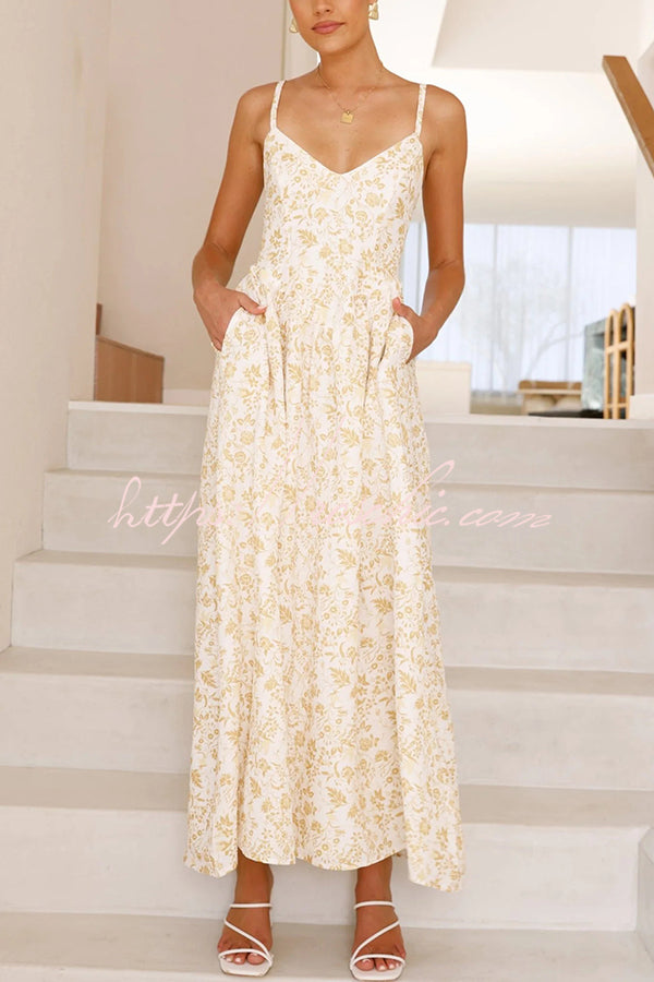 Print V-neck Sleeveless Back Tie Pocket Maxi Dress