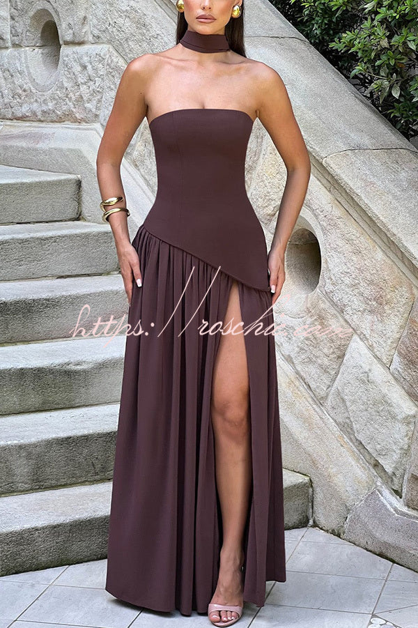 Off Shopulder Chiffon Pleated Hem Scarf Slit Maxi Dress