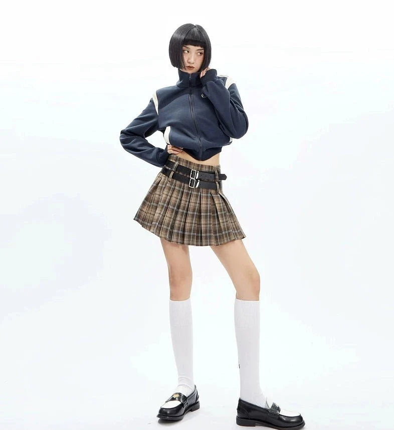 Plaid Double-belt Pleated Skirt