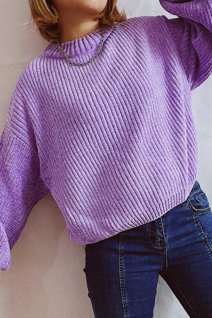 Color Round Neck Lantern Sleeve Short Knitted Sweater