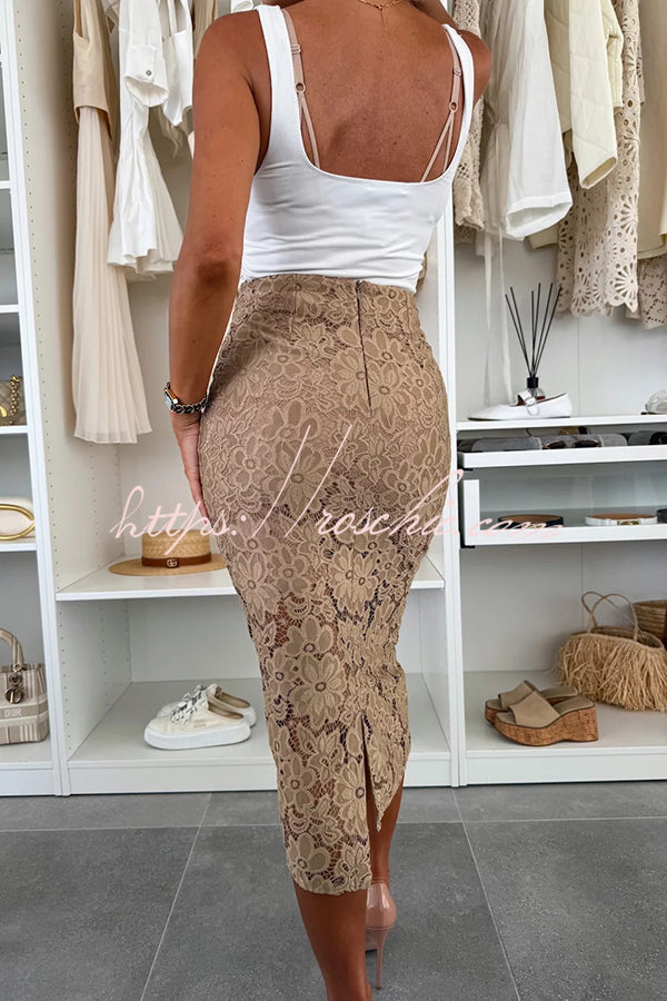 Lesia Lace High Rise Slit Stretch Midi Skirt