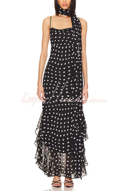 Kaylee Chiffon Polka Dot Ruffled Tiered Hem Scarf Maxi Dress