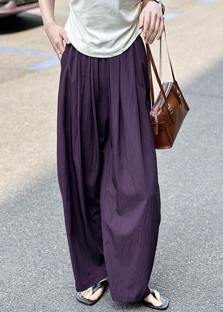Purple Pockets Elastic Waist Cotton Pants Summer Af1074