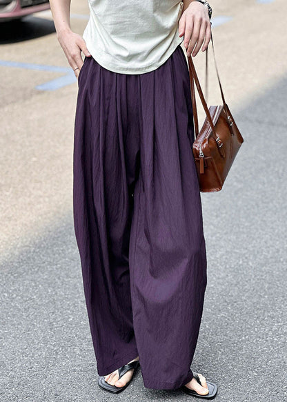 Purple Pockets Elastic Waist Cotton Pants Summer Af1074