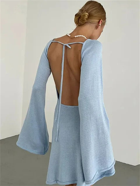 Backless Knitwear Lace-up Mini Dress Female Long Sleeve Loose Holiday Beach High Waist Dress Knit Dress