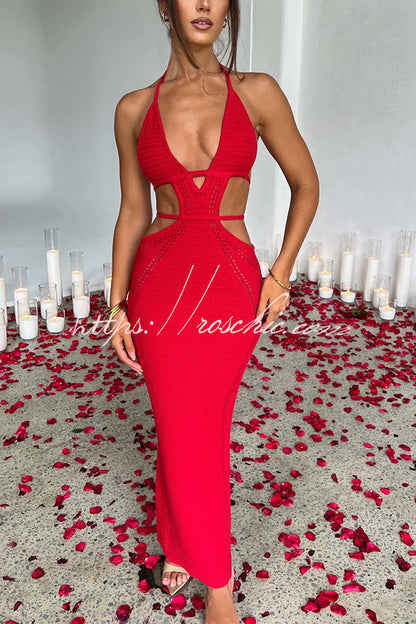 Effortlessly Cool and Knit Crochet Cutout Halter Tie-up Stretch Maxi Dress