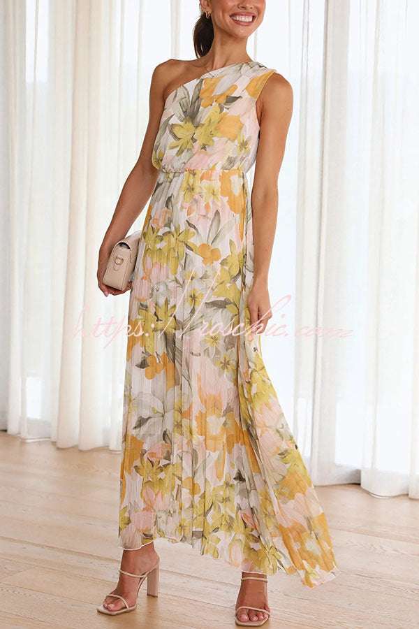 Saw an Angel One Shoulder Elastic Waist Pleated Maxi Dress