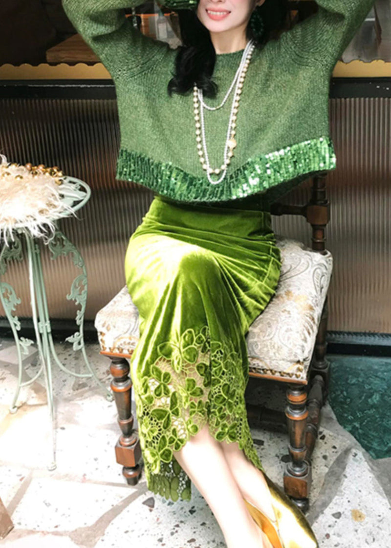 Green Hollow Out Cotton Knit Sweaters and Maxi Skirts Two Piece Set Winter Wv002