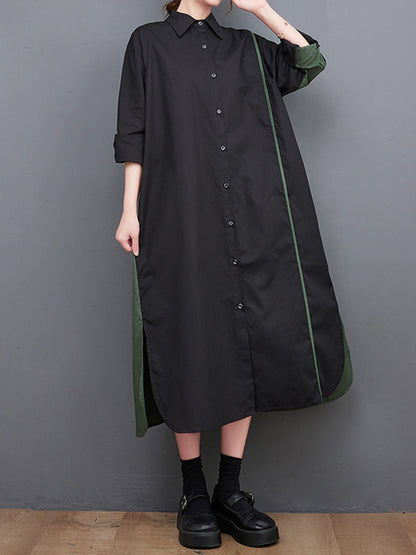 Long Sleeves Loose Asymmetric Buttoned Split-joint Split-side Lapel Midi Dresses Shirt Dress