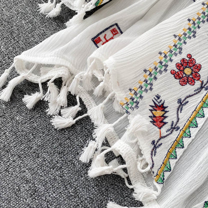 White Embroidered Three-quarter Sleeves Splicing Tassel Cardigan Ar1023