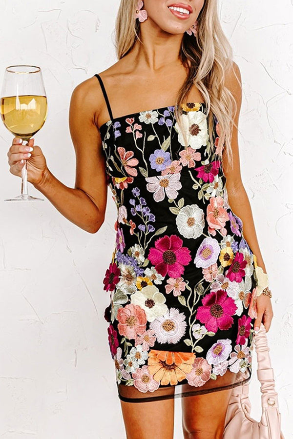 Dream World Embroidered Applique Adjustable Straps Mini Dress