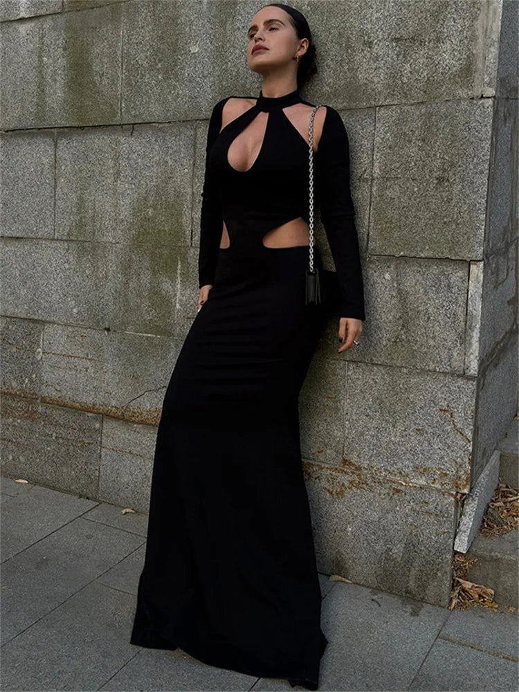 Black Hollow Out Long Dress Female Patchwork Autumn Long Sleeve Skinny Party Dress Gown