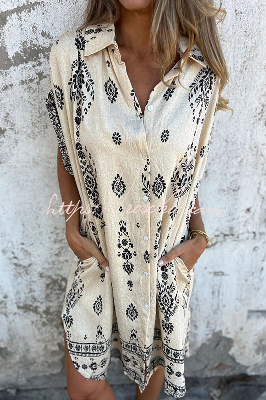 Linen Blend Unique Print Lapel Pocket Mini Dress