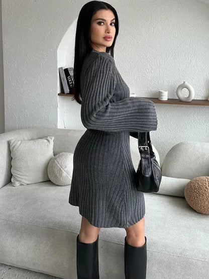 Knit Ribbed Dress Female High Waist Loose Patchwork Commute Party Dress Knitwear Mini Dress