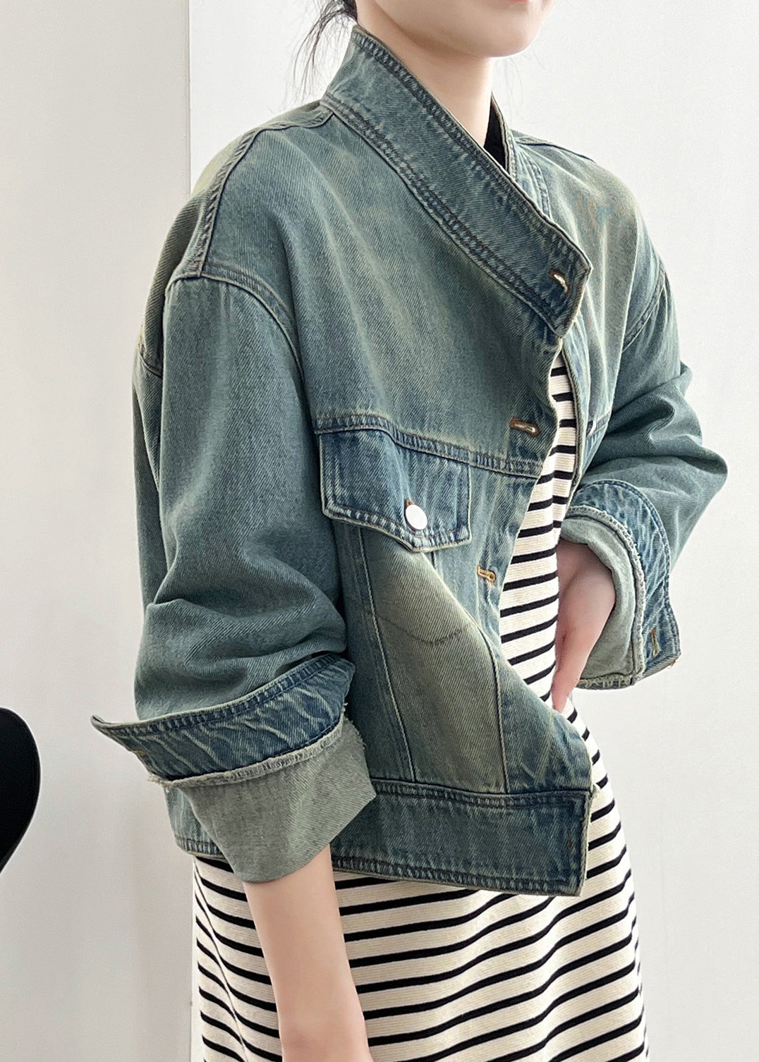 Blue Stand Collar Pockets Denim Short Coat Fall Af1029