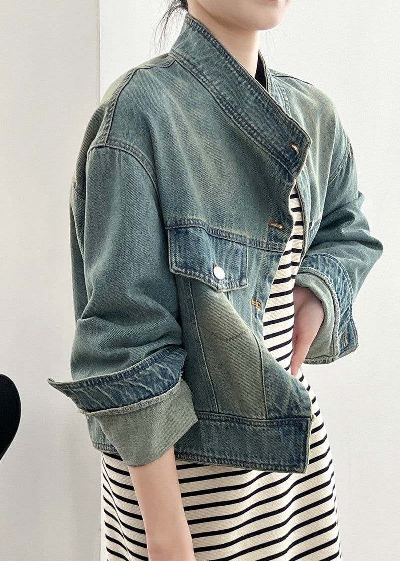 Blue Stand Collar Pockets Denim Short Coat Fall Af1029