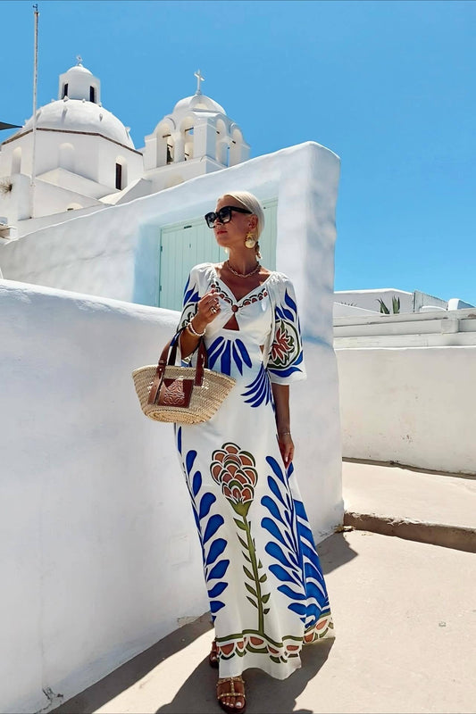 Vacation Print Backless Slim Maxi Dress