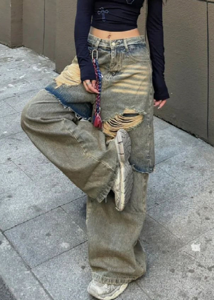 Blue High Waist Fake Two Pieces Hole Denim Pants Fall Wd031