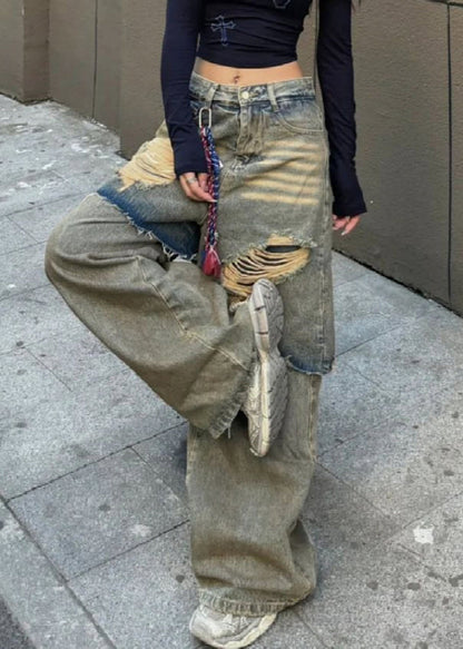 Blue High Waist Fake Two Pieces Hole Denim Pants Fall Wd031