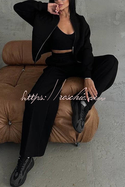 Color Long Sleeve Zipper Jacket and Elastic Waist Pocket Wide Leg Pants Set