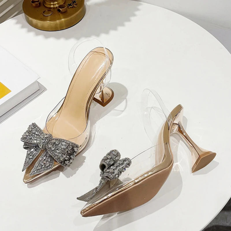 Liyke Crystal Sequined Bowknot Pumps – Pointed Toe High Heels Wedding Prom Shoes – Pvc Transparent Sandals