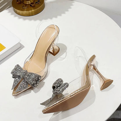 Liyke Crystal Sequined Bowknot Pumps – Pointed Toe High Heels Wedding Prom Shoes – Pvc Transparent Sandals