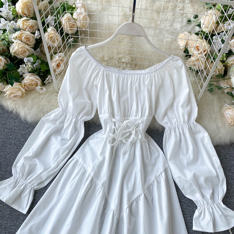 Simple White Off Shoulder Lace-up Waist Puff Sleeve Mini Dress