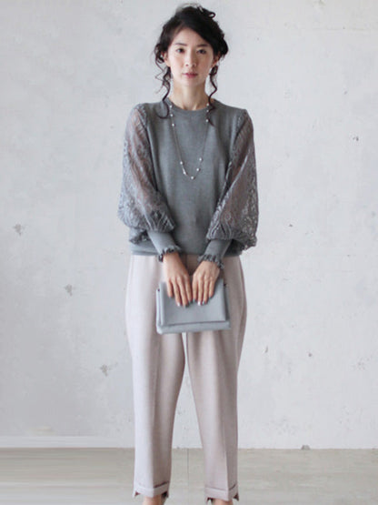 Tempermant Black Round-neck Patchwork Hollow Lace Long Puff Sleeves Sweater Qx011