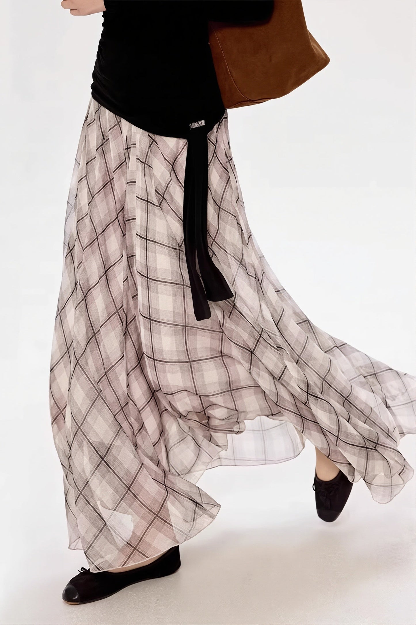 Gentle Style Draped Slim Plaid Maxi Skirt