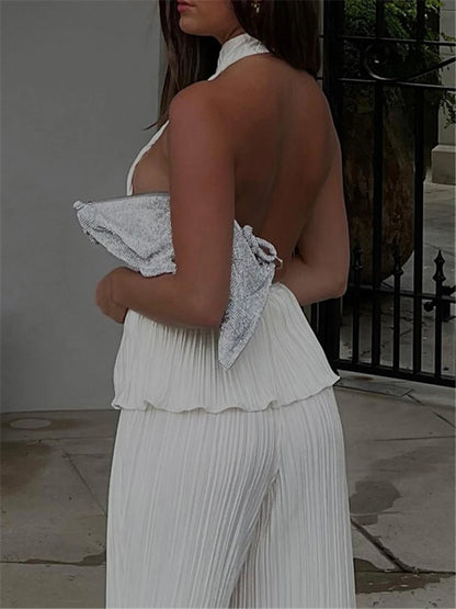 Loose Halter Two Piece Sets Suit Summer High Waist Pants Set Ruched Travel Holiday Outfits