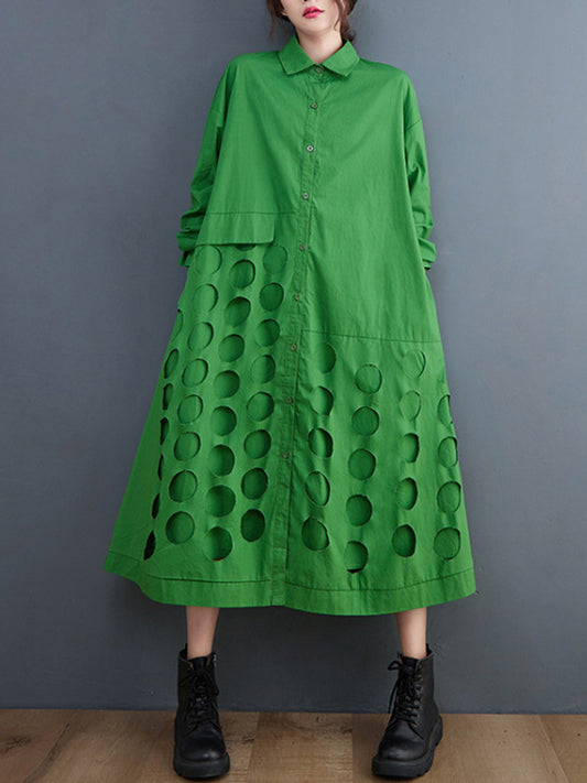 A-line Long Sleeves Asymmetric Hollow Polka-dot Color Lapel Midi Dresses
