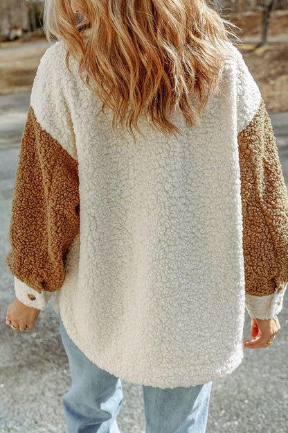 Autumn and Winter Long-sleeved Double-pocket Color-block Loose Fur Coat
