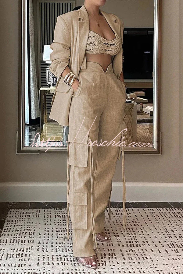Stylish Lapel Long Sleeve Loose Jacket and Pocket Lace-up Straight Leg Pants Set