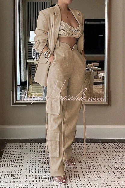 Stylish Lapel Long Sleeve Loose Jacket and Pocket Lace-up Straight Leg Pants Set
