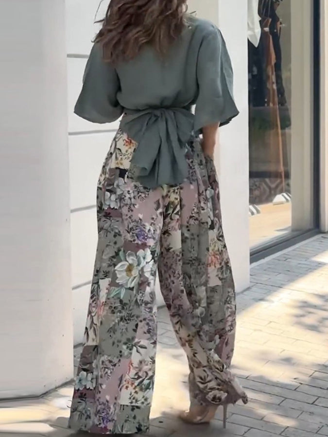 Shirt and Printed Wide-leg Pants Sets