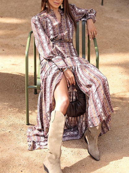 Long Sleeves Geometric Printed Maxi Dress