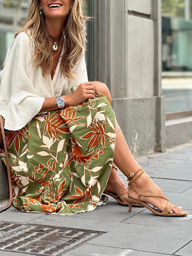 Green Printed Elastic Waist Skirt