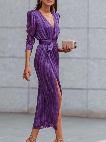 Purple Long Sleeves V Neck Lace-up Maxi Dress
