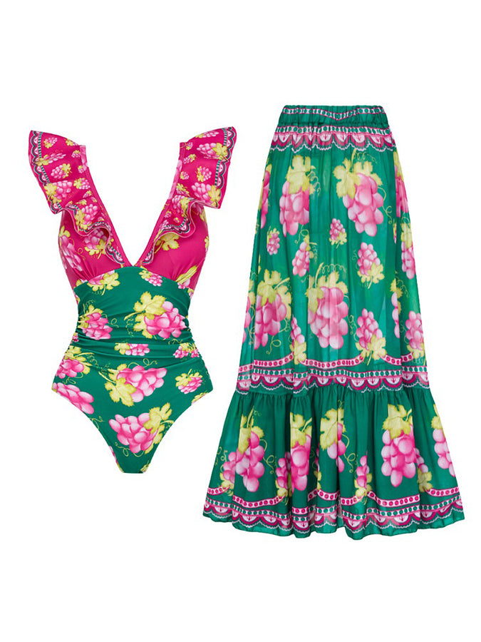 Ruffled Deep V Retro Green Grapes Print One Piece Swimsuit and Skirt