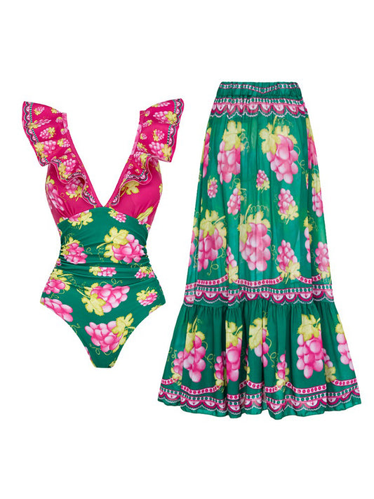 Ruffled Deep V Retro Green Grapes Print One Piece Swimsuit and Skirt