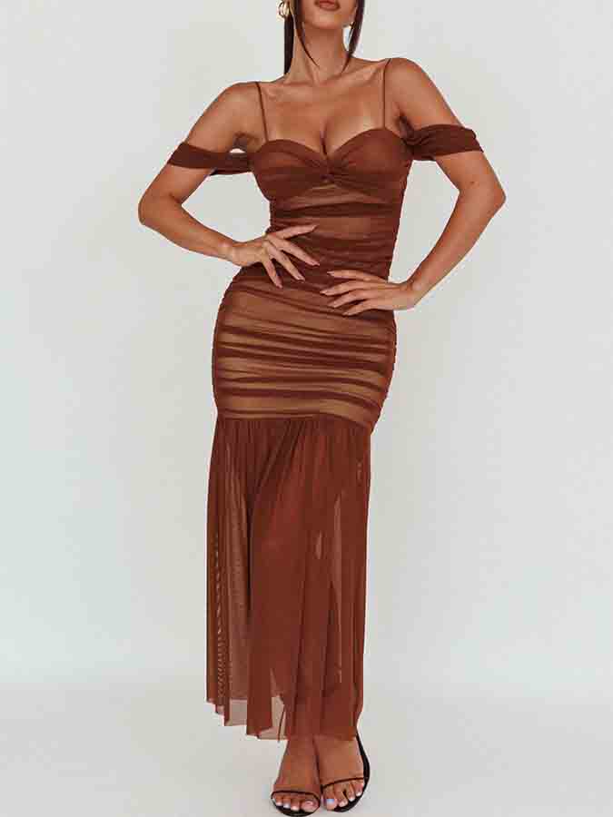 Cold-shoulder Mesh Mermaid Maxi Dress