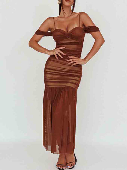 Cold-shoulder Mesh Mermaid Maxi Dress