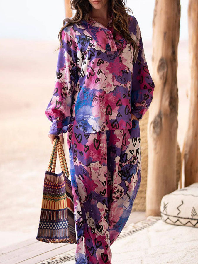 Heart Flower Printed Long Sleeves Shirt and Pants Sets