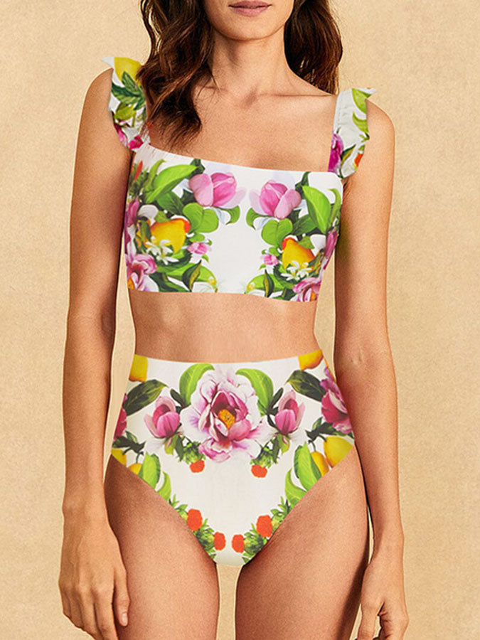 Flower Print Bikini Suit With High Waist Skirt
