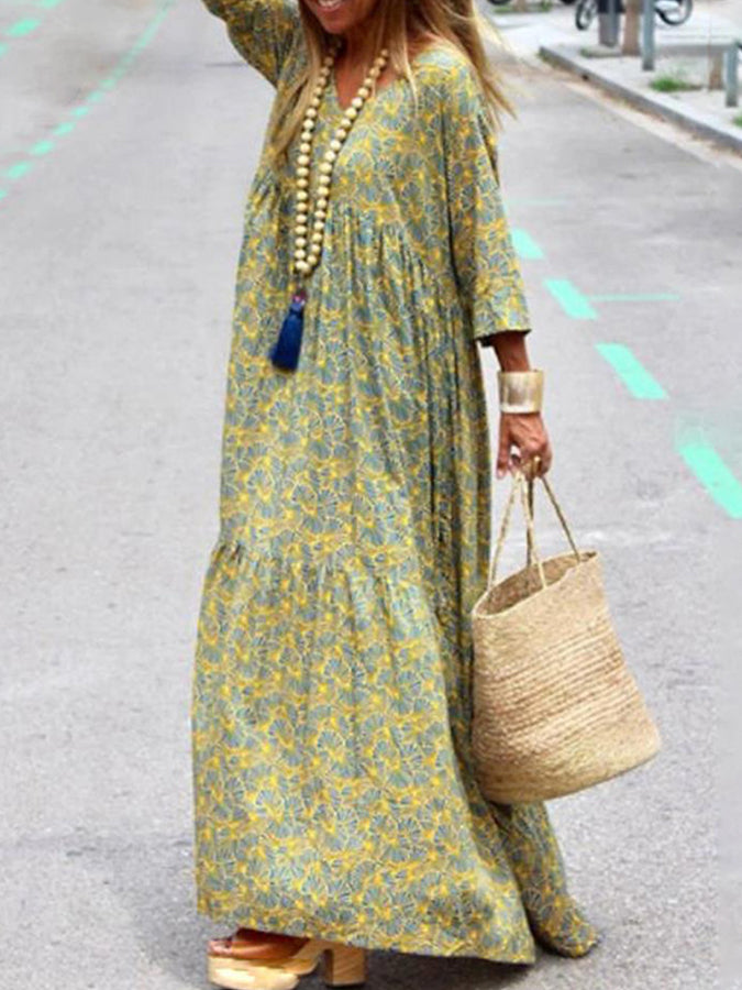 Long Sleeves Printed V Neck Maxi Dress