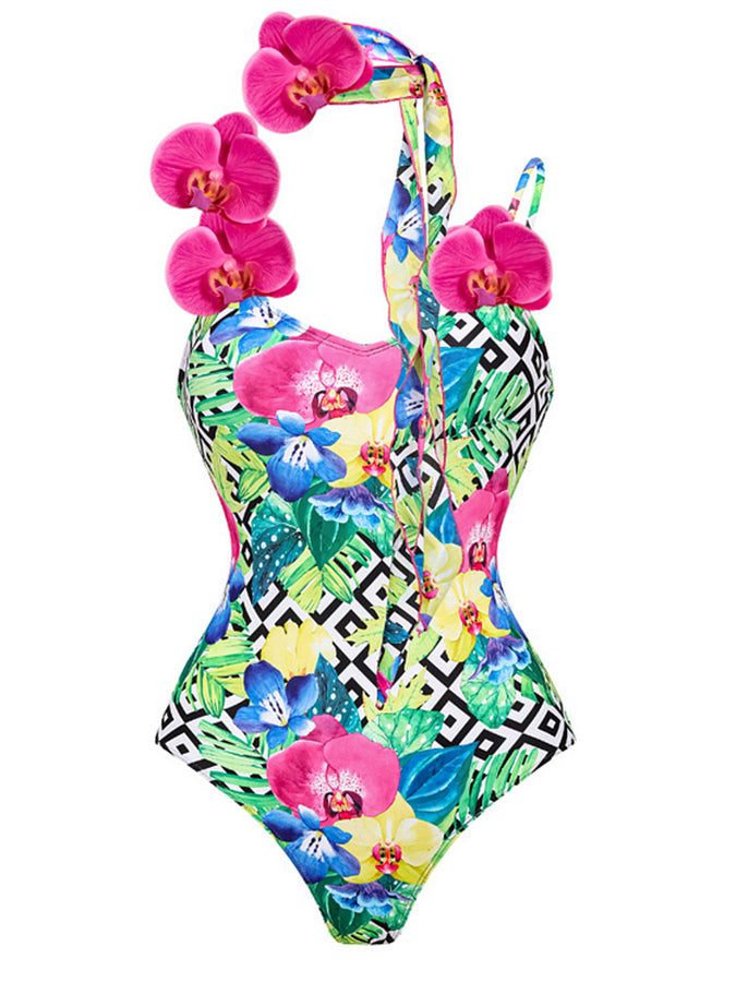 3d Orchid One Piece Swimsuit With Neck Scarf and Skirt