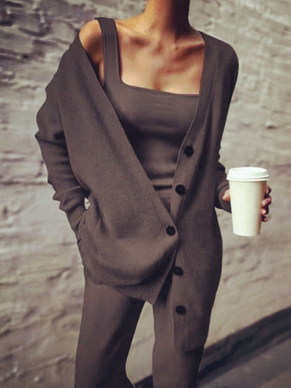 Knitted Cardigan and Vest and Pants Three Pieces Sets